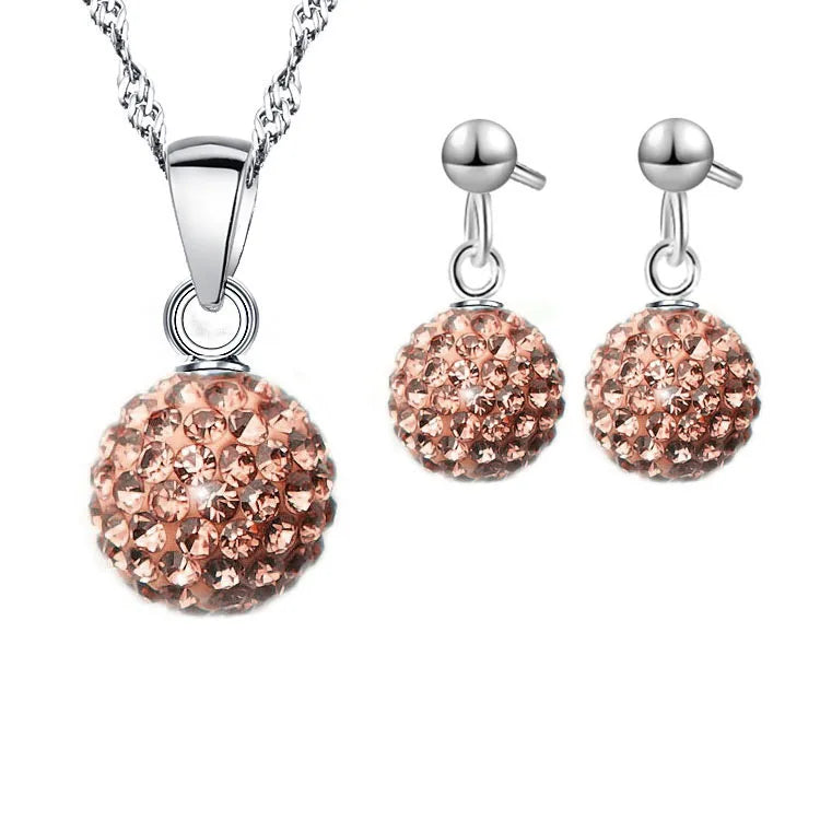 925 Sterling Silver Stamped Bridal Jewelry Sets Women Girls Wedding Gifts Austrian Crystal CZ Disco Ball Necklace Hoop Earrings