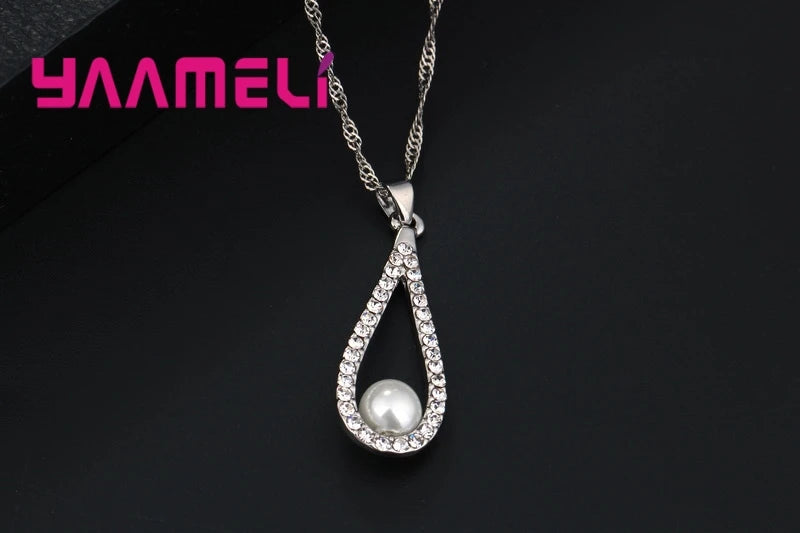 Pure 925 Sterling Silver Color CZ Crystal Water Drop Pearl Necklaces Pendant Chain Earrings Woman Fine Wedding Jewelry Set Gift