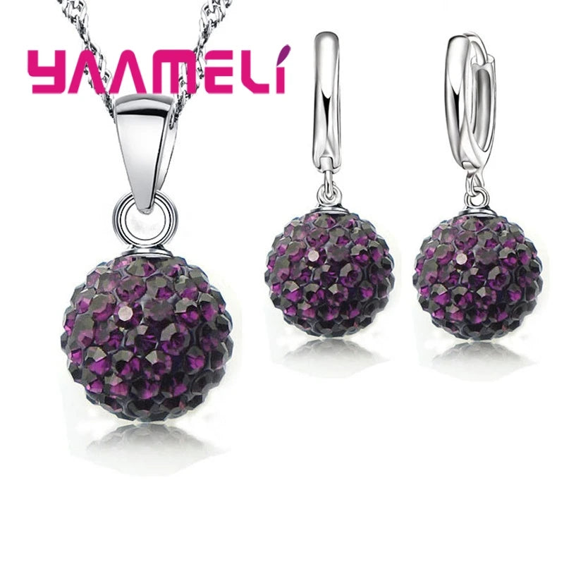 925 Sterling Silver Stamped Bridal Jewelry Sets Women Girls Wedding Gifts Austrian Crystal CZ Disco Ball Necklace Hoop Earrings