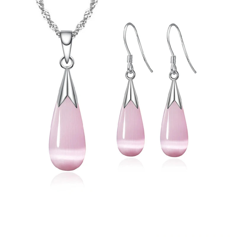 Pure Jewelry Set Simple 925 Sterling Silver Color White Pink Water Drop Opal Cat Eye Stone Pendant Necklace/Hook Earrings/Chain