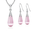 Pure Jewelry Set Simple 925 Sterling Silver Color White Pink Water Drop Opal Cat Eye Stone Pendant Necklace/Hook Earrings/Chain