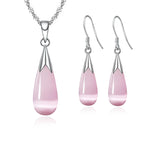Pure Jewelry Set Simple 925 Sterling Silver Color White Pink Water Drop Opal Cat Eye Stone Pendant Necklace/Hook Earrings/Chain