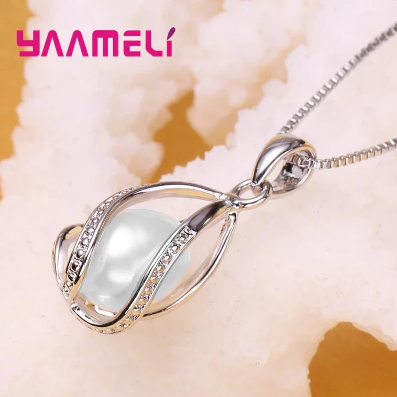Elegant Gift Jewelry Sets for Women Female 925 Sterling Silver Color Rotating Freshwater Pearl Pendant Necklace Huggie Earrings