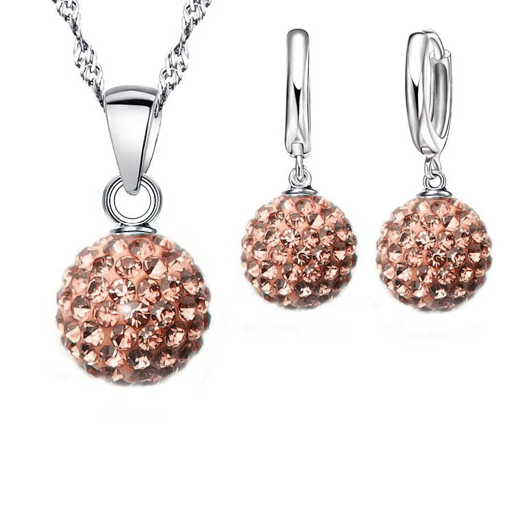 925 Sterling Silver Stamped Bridal Jewelry Sets Women Girls Wedding Gifts Austrian Crystal CZ Disco Ball Necklace Hoop Earrings