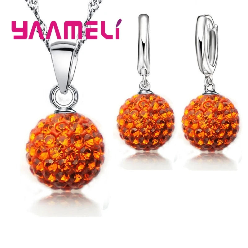 925 Sterling Silver Stamped Bridal Jewelry Sets Women Girls Wedding Gifts Austrian Crystal CZ Disco Ball Necklace Hoop Earrings
