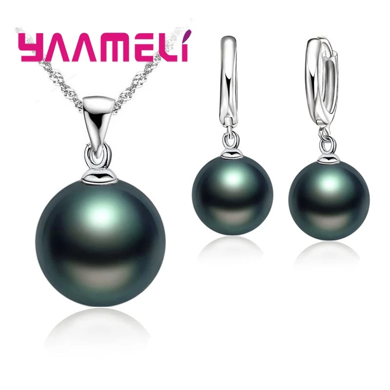 Smooth Women Wedding Jewelry Sets 925 Sterling Silver Color Pearl Necklace Hoop Earrings Fashion Jewellery Gift Accessories
