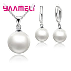 Smooth Women Wedding Jewelry Sets 925 Sterling Silver Color Pearl Necklace Hoop Earrings Fashion Jewellery Gift Accessories