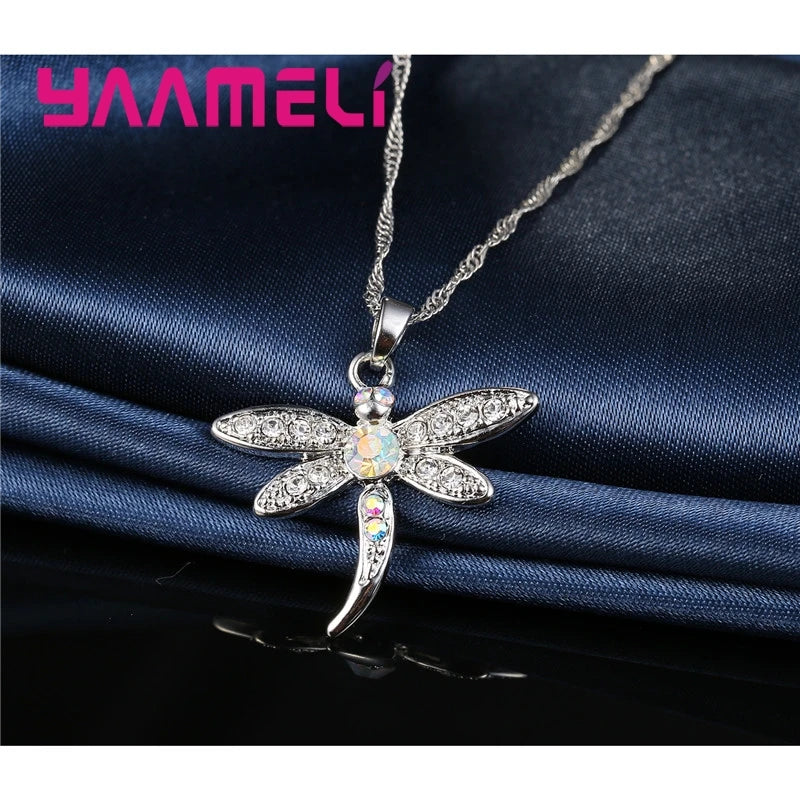 Women's Glitter Colored Cubic Zirconia Necklace And Earrings Set Dragonfly Design 925 Sterling Silver Color Jewelry for Girls