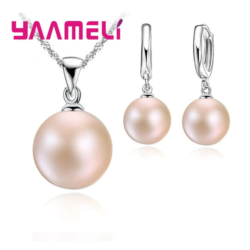 Smooth Women Wedding Jewelry Sets 925 Sterling Silver Color Pearl Necklace Hoop Earrings Fashion Jewellery Gift Accessories