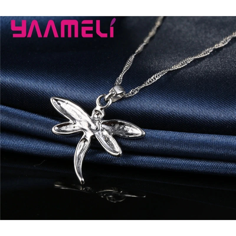 Women's Glitter Colored Cubic Zirconia Necklace And Earrings Set Dragonfly Design 925 Sterling Silver Color Jewelry for Girls