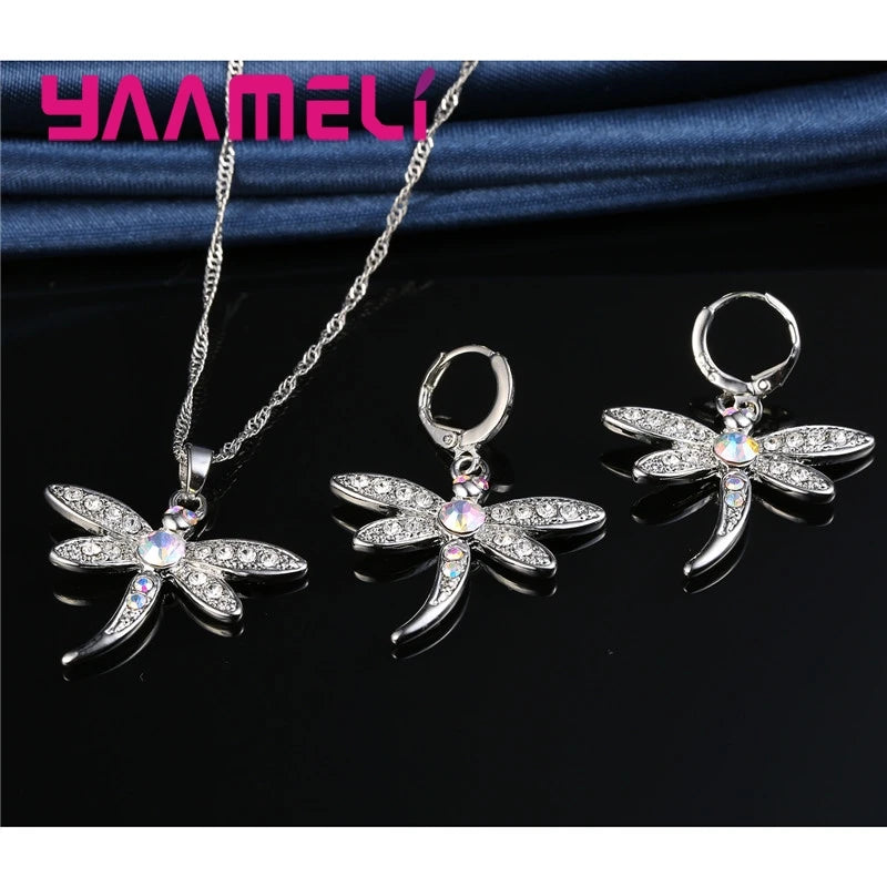 Women's Glitter Colored Cubic Zirconia Necklace And Earrings Set Dragonfly Design 925 Sterling Silver Color Jewelry for Girls