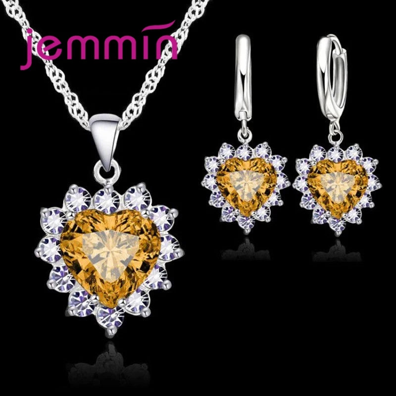 Top Sale Wding Engagement Anniversary Gift Jewelry Sets 925 Silver Color Stamped Heart Pendant Hoop Earrings for Women Girls