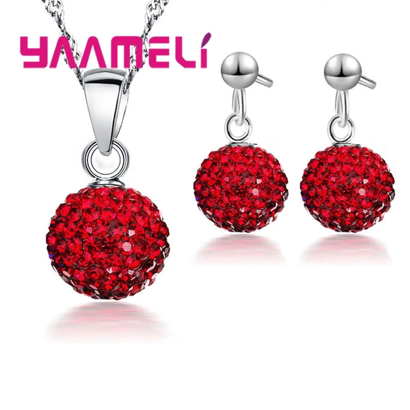 925 Sterling Silver Stamped Bridal Jewelry Sets Women Girls Wedding Gifts Austrian Crystal CZ Disco Ball Necklace Hoop Earrings