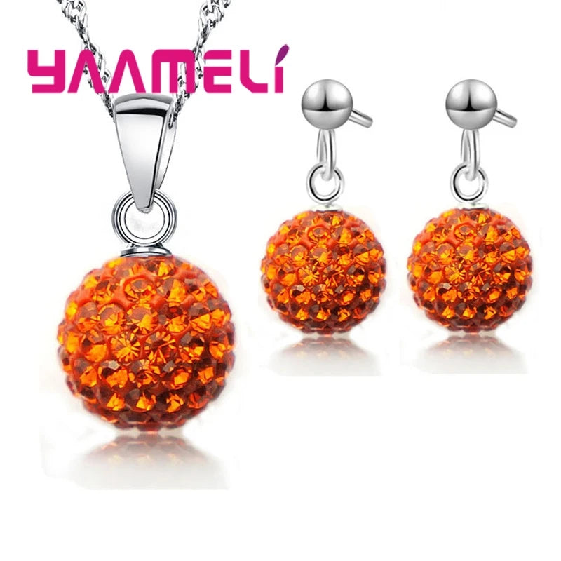 925 Sterling Silver Stamped Bridal Jewelry Sets Women Girls Wedding Gifts Austrian Crystal CZ Disco Ball Necklace Hoop Earrings