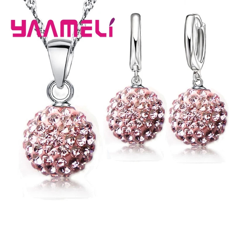 925 Sterling Silver Stamped Bridal Jewelry Sets Women Girls Wedding Gifts Austrian Crystal CZ Disco Ball Necklace Hoop Earrings