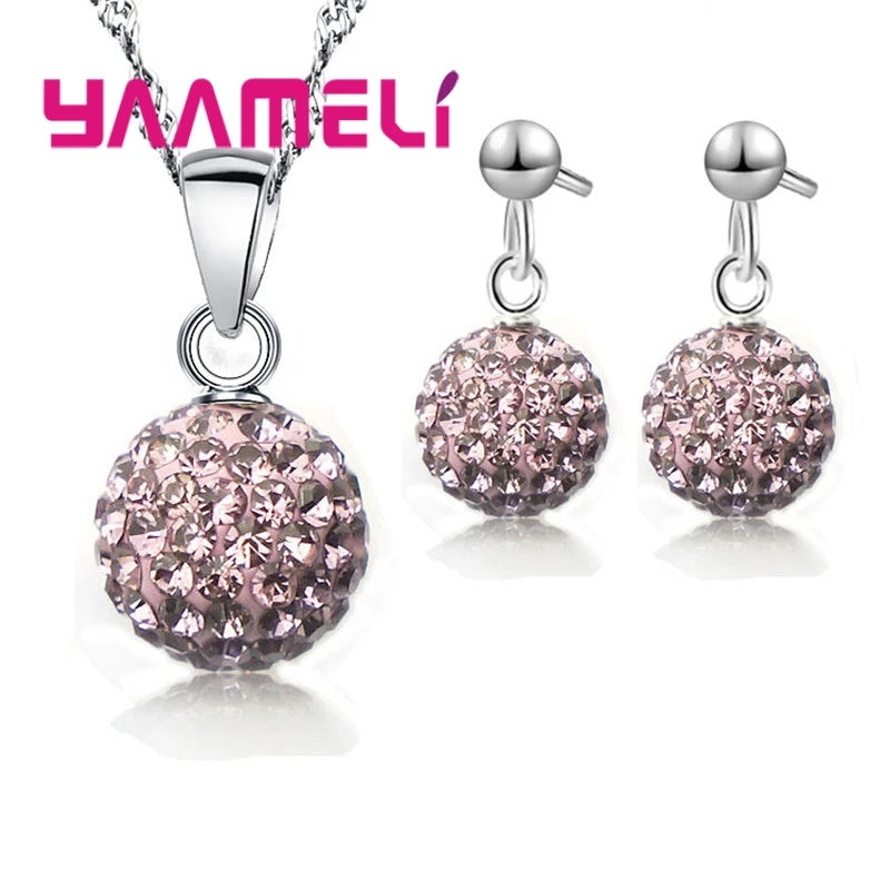 925 Sterling Silver Stamped Bridal Jewelry Sets Women Girls Wedding Gifts Austrian Crystal CZ Disco Ball Necklace Hoop Earrings