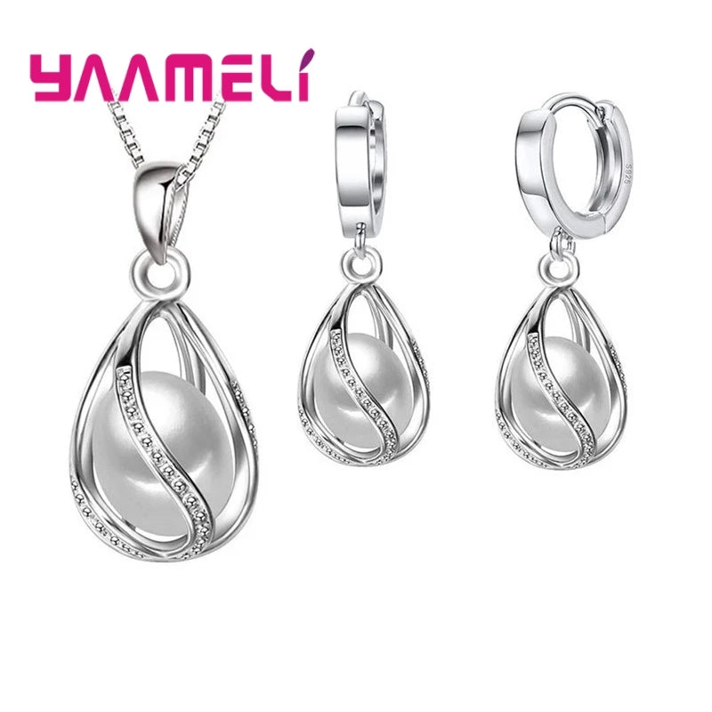 Elegant Gift Jewelry Sets for Women Female 925 Sterling Silver Color Rotating Freshwater Pearl Pendant Necklace Huggie Earrings