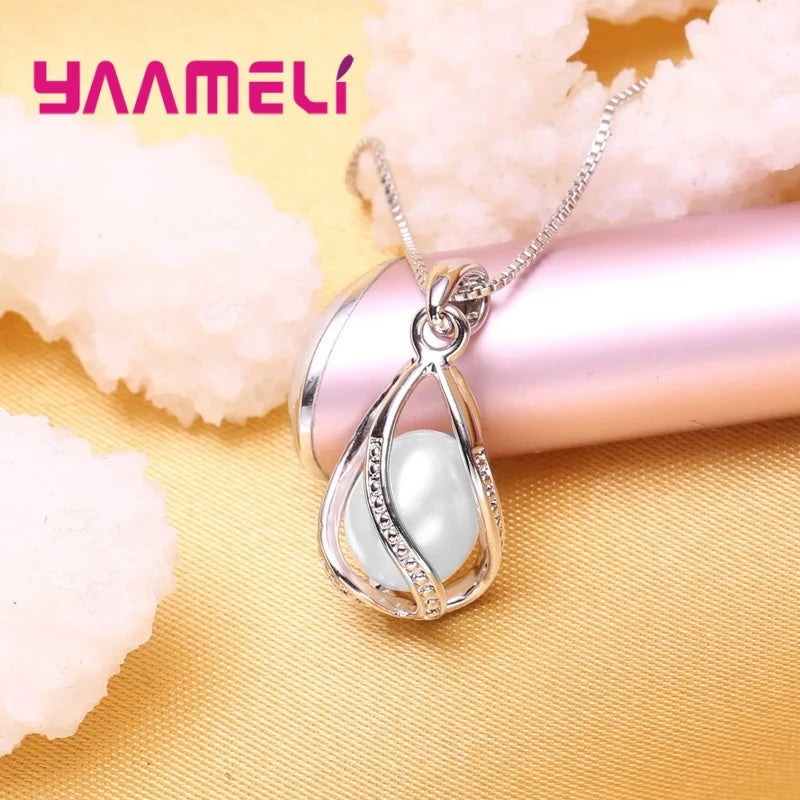 Elegant Gift Jewelry Sets for Women Female 925 Sterling Silver Color Rotating Freshwater Pearl Pendant Necklace Huggie Earrings