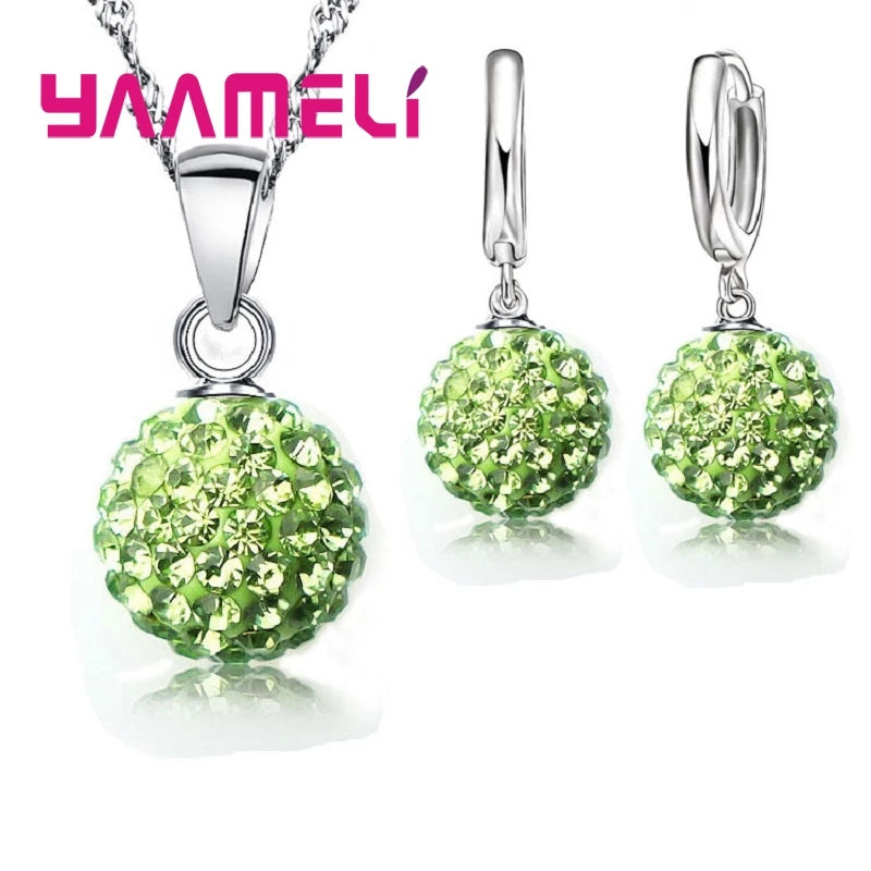 925 Sterling Silver Stamped Bridal Jewelry Sets Women Girls Wedding Gifts Austrian Crystal CZ Disco Ball Necklace Hoop Earrings