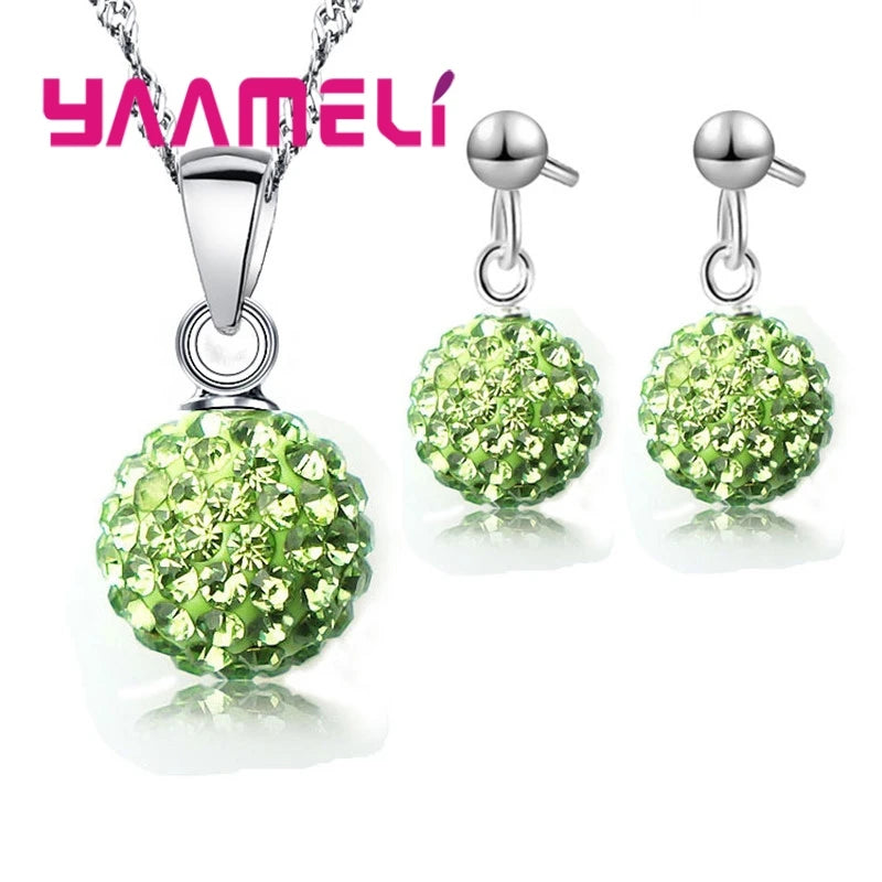 925 Sterling Silver Stamped Bridal Jewelry Sets Women Girls Wedding Gifts Austrian Crystal CZ Disco Ball Necklace Hoop Earrings