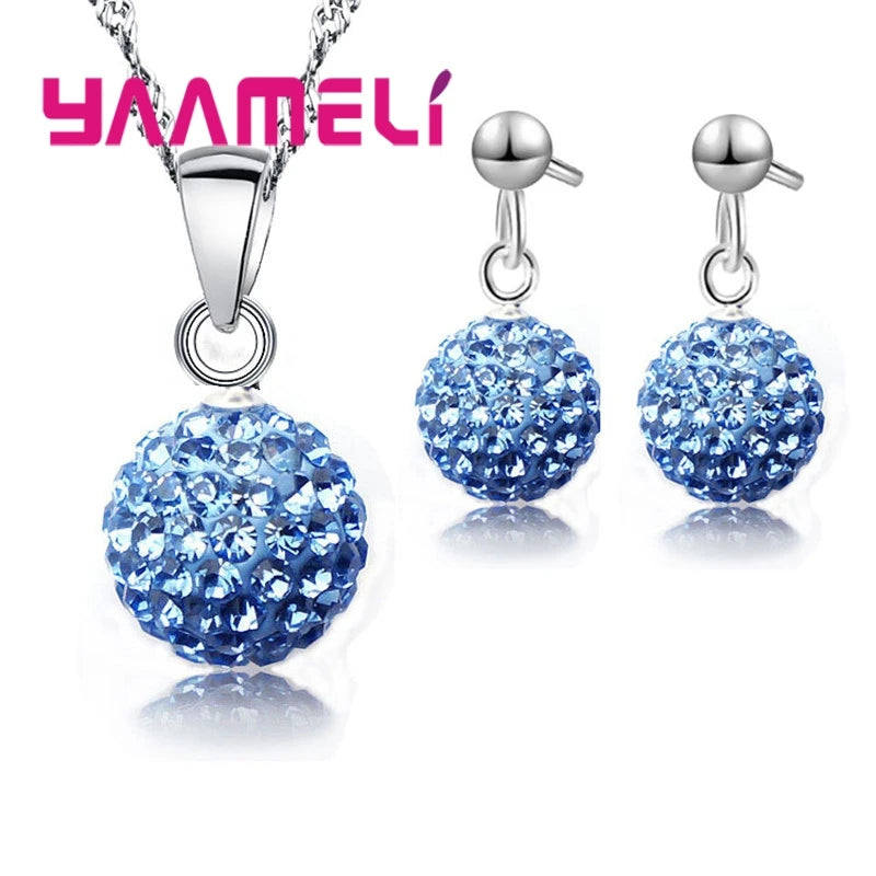 925 Sterling Silver Stamped Bridal Jewelry Sets Women Girls Wedding Gifts Austrian Crystal CZ Disco Ball Necklace Hoop Earrings