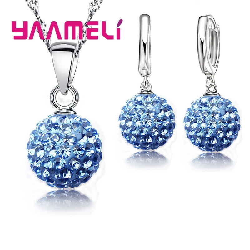 925 Sterling Silver Stamped Bridal Jewelry Sets Women Girls Wedding Gifts Austrian Crystal CZ Disco Ball Necklace Hoop Earrings