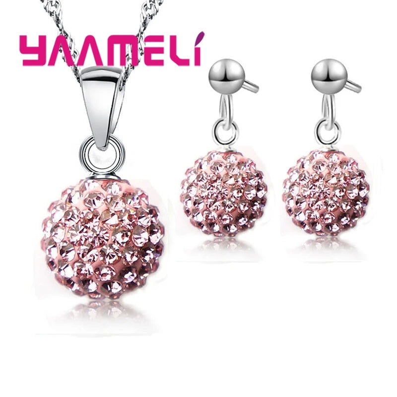 925 Sterling Silver Stamped Bridal Jewelry Sets Women Girls Wedding Gifts Austrian Crystal CZ Disco Ball Necklace Hoop Earrings