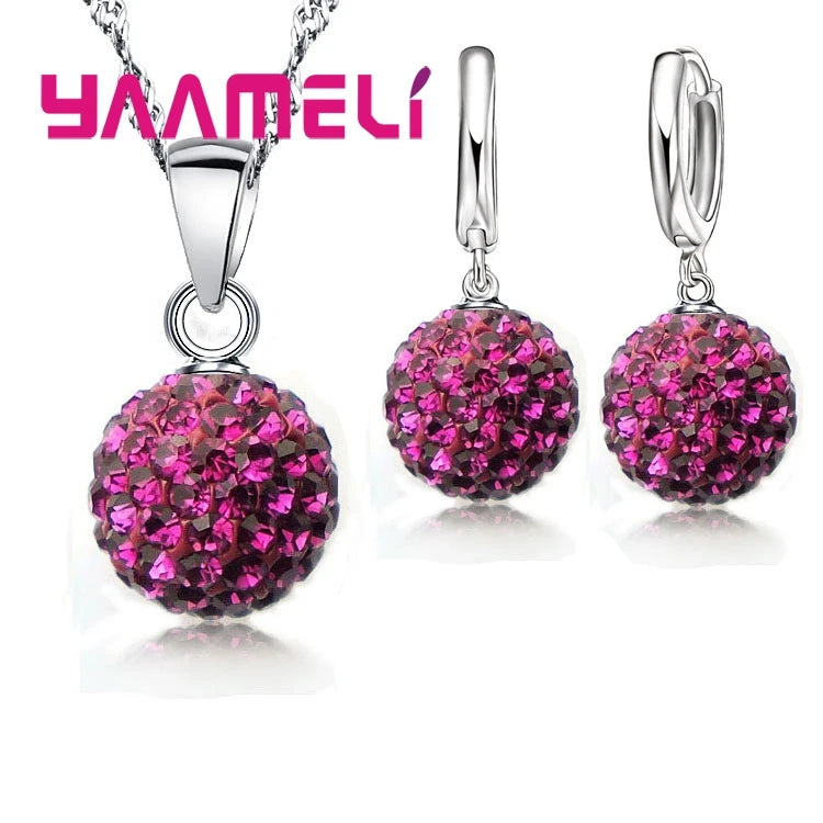 925 Sterling Silver Stamped Bridal Jewelry Sets Women Girls Wedding Gifts Austrian Crystal CZ Disco Ball Necklace Hoop Earrings