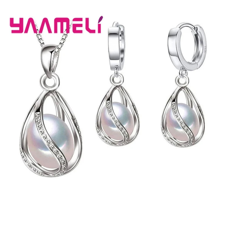 Elegant Gift Jewelry Sets for Women Female 925 Sterling Silver Color Rotating Freshwater Pearl Pendant Necklace Huggie Earrings