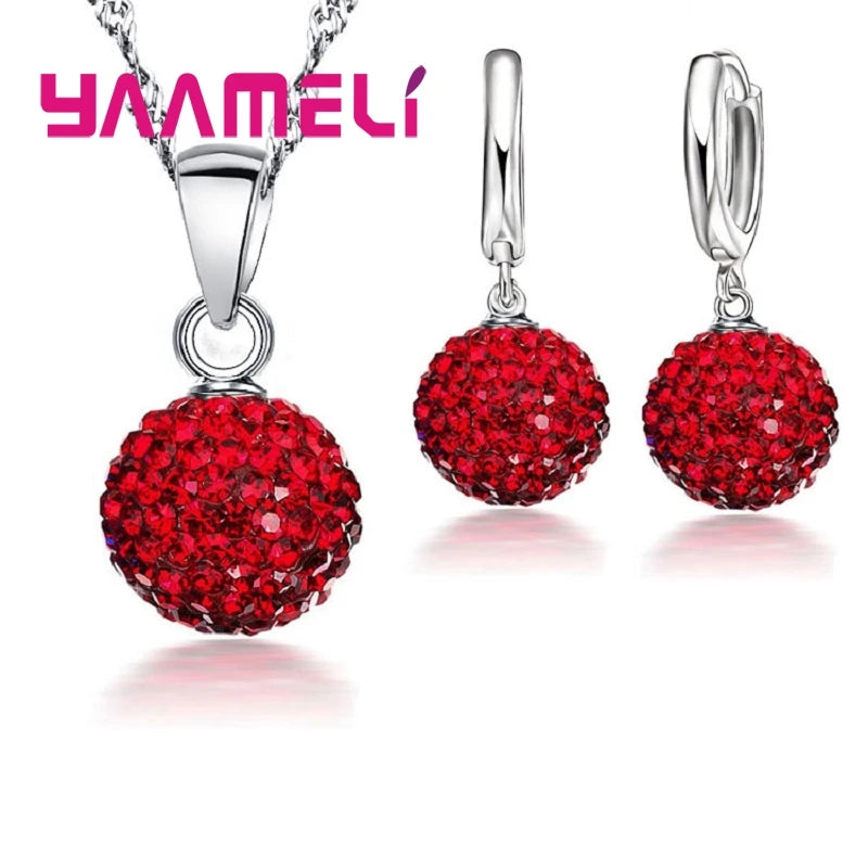925 Sterling Silver Stamped Bridal Jewelry Sets Women Girls Wedding Gifts Austrian Crystal CZ Disco Ball Necklace Hoop Earrings