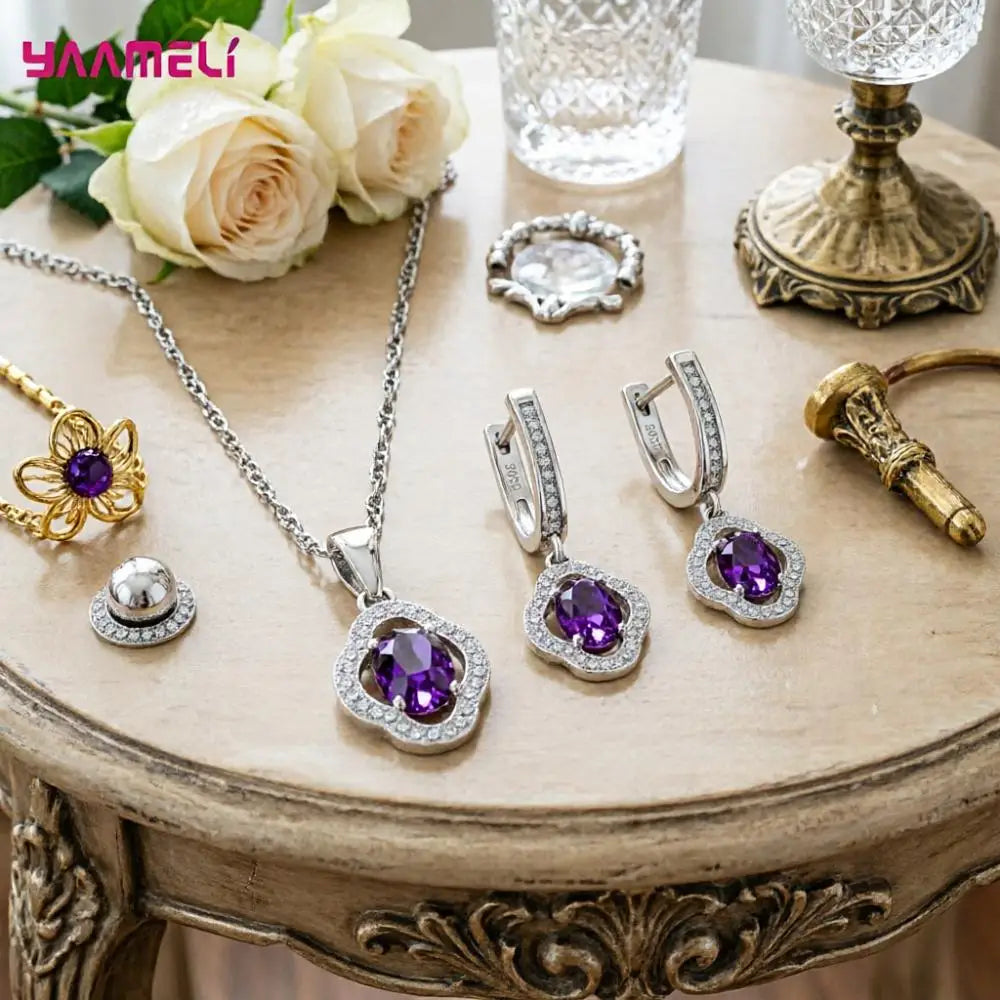 Real Sterling Silver 925 Luxury Jewelry Sets Shining Clear Cubic Zircon Flower Pendant Necklace Earrings Chain Party Accessories