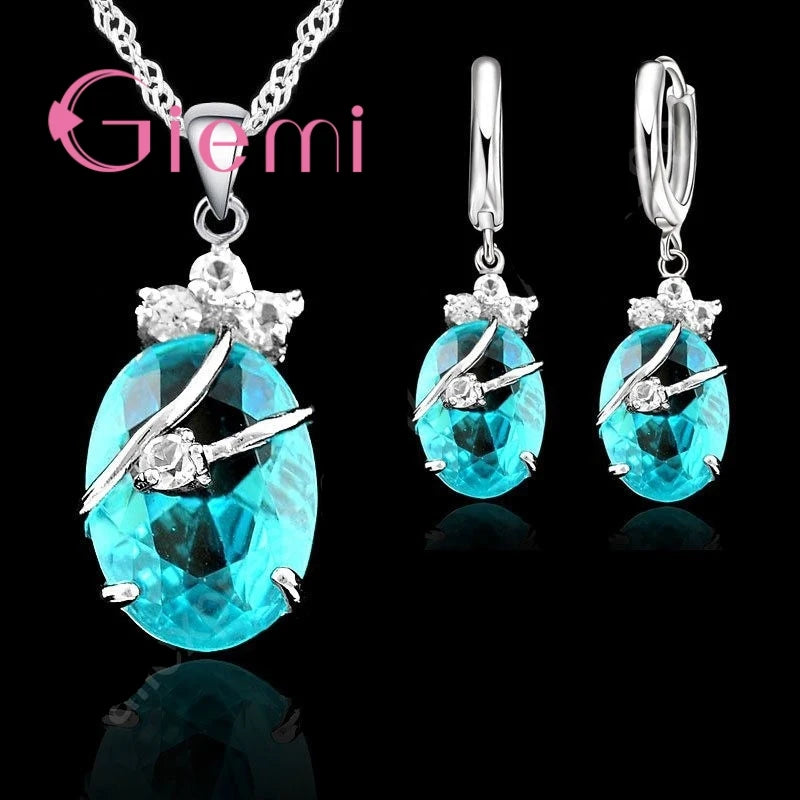 New Arrival S925 Stamped Silver Color Jewelry Sets Charming Oval Crystal Stone Flower Pendant Necklace Loop Earrings