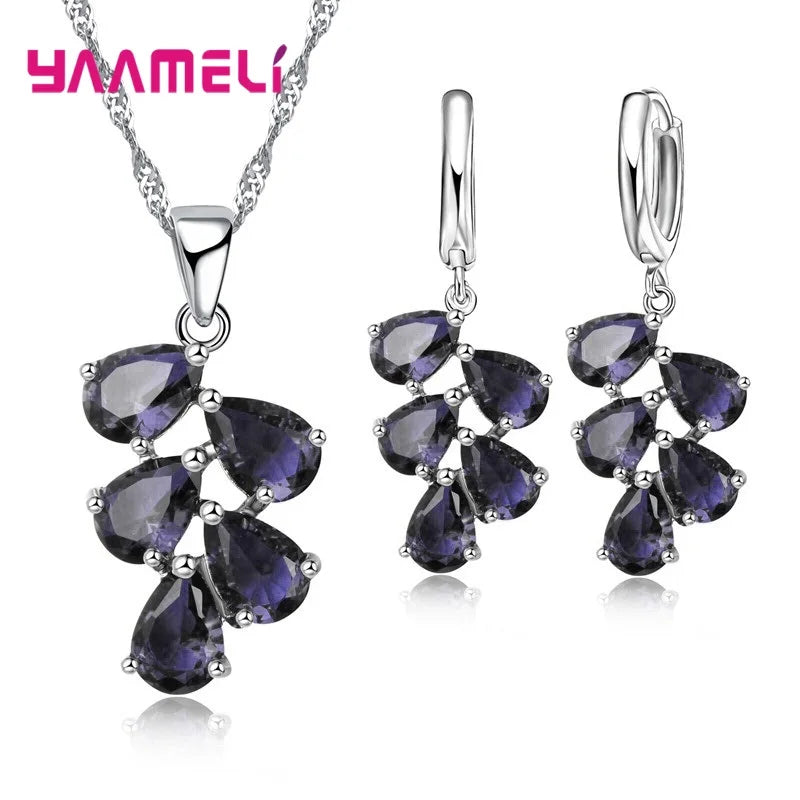 Anniversary Gift For Women Trendy 925 Sterling Silver Color Jewelry Sets Cubic Zirconia Pendants Necklaces Charm Hoop Earrings