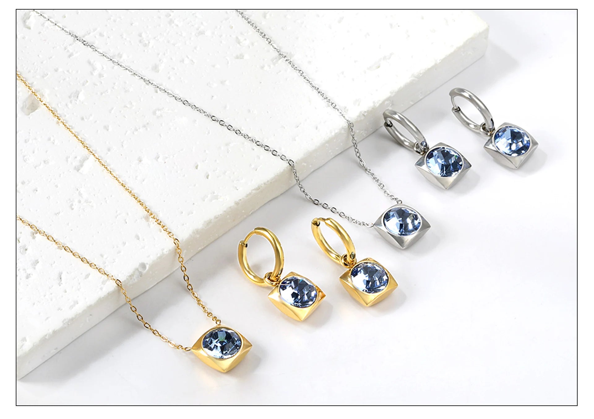 Conjunto Pingentes Colar e Brinco Zircônia Cúbica Aço Inoxidável