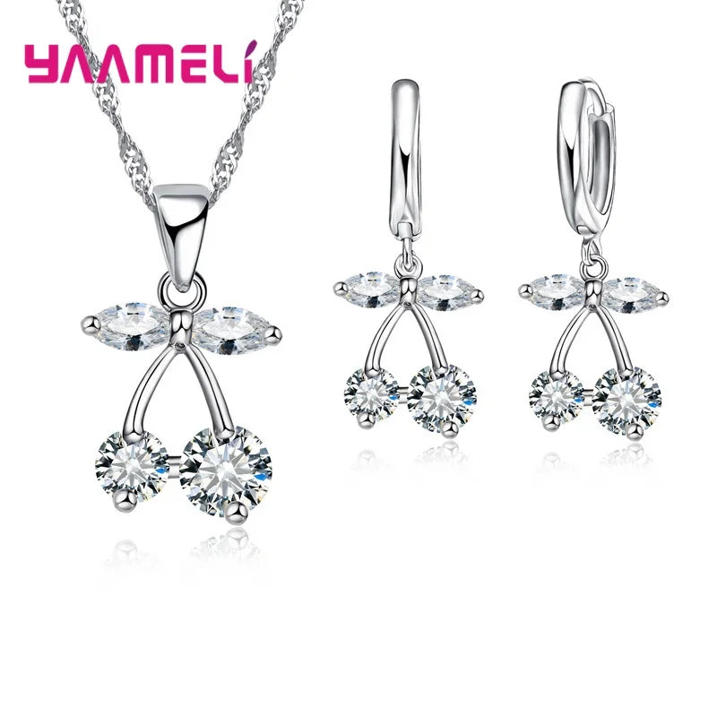 Real Sterling Silver 925 Luxury Jewelry Sets Shining Clear Cubic Zircon Flower Pendant Necklace Earrings Chain Party Accessories
