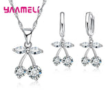 Real Sterling Silver 925 Luxury Jewelry Sets Shining Clear Cubic Zircon Flower Pendant Necklace Earrings Chain Party Accessories