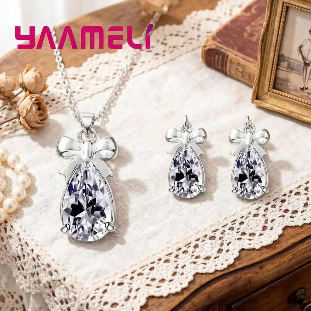925 Sterling Silver Women Water Drop Austrian Crystal Pendants Necklace Earrings Jewelry Set For Wedding Engagement Gift