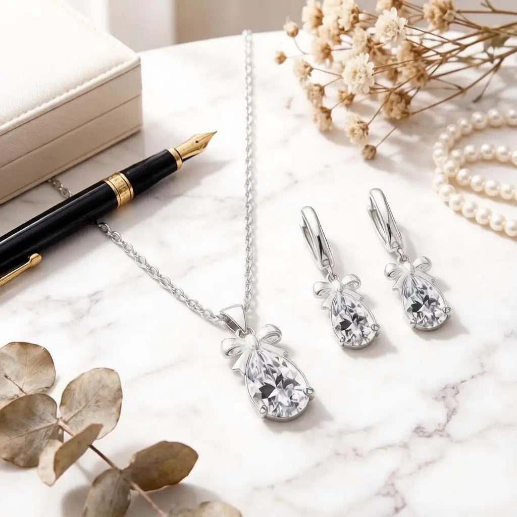 925 Sterling Silver Women Water Drop Austrian Crystal Pendants Necklace Earrings Jewelry Set For Wedding Engagement Gift