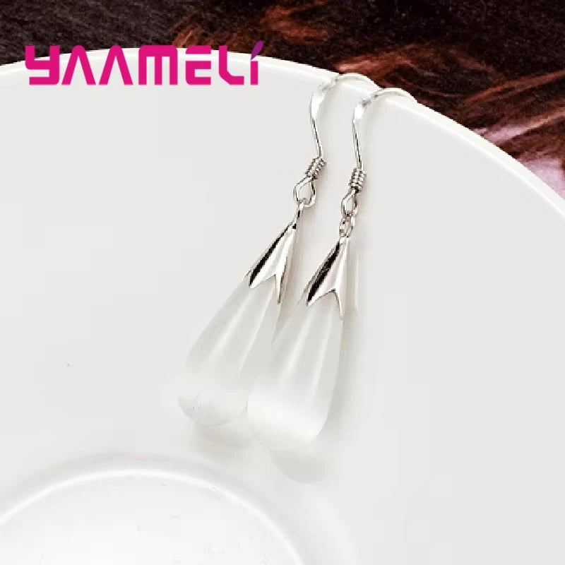 Pure Jewelry Set Simple 925 Sterling Silver Color White Pink Water Drop Opal Cat Eye Stone Pendant Necklace/Hook Earrings/Chain