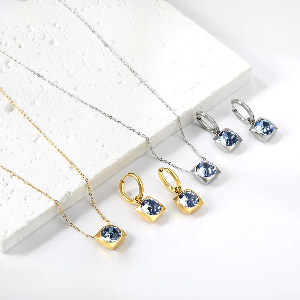 Conjunto Pingentes Colar e Brinco Zircônia Cúbica Aço Inoxidável