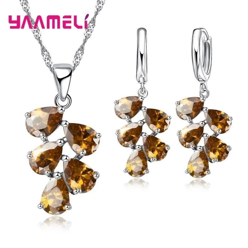 Anniversary Gift For Women Trendy 925 Sterling Silver Color Jewelry Sets Cubic Zirconia Pendants Necklaces Charm Hoop Earrings