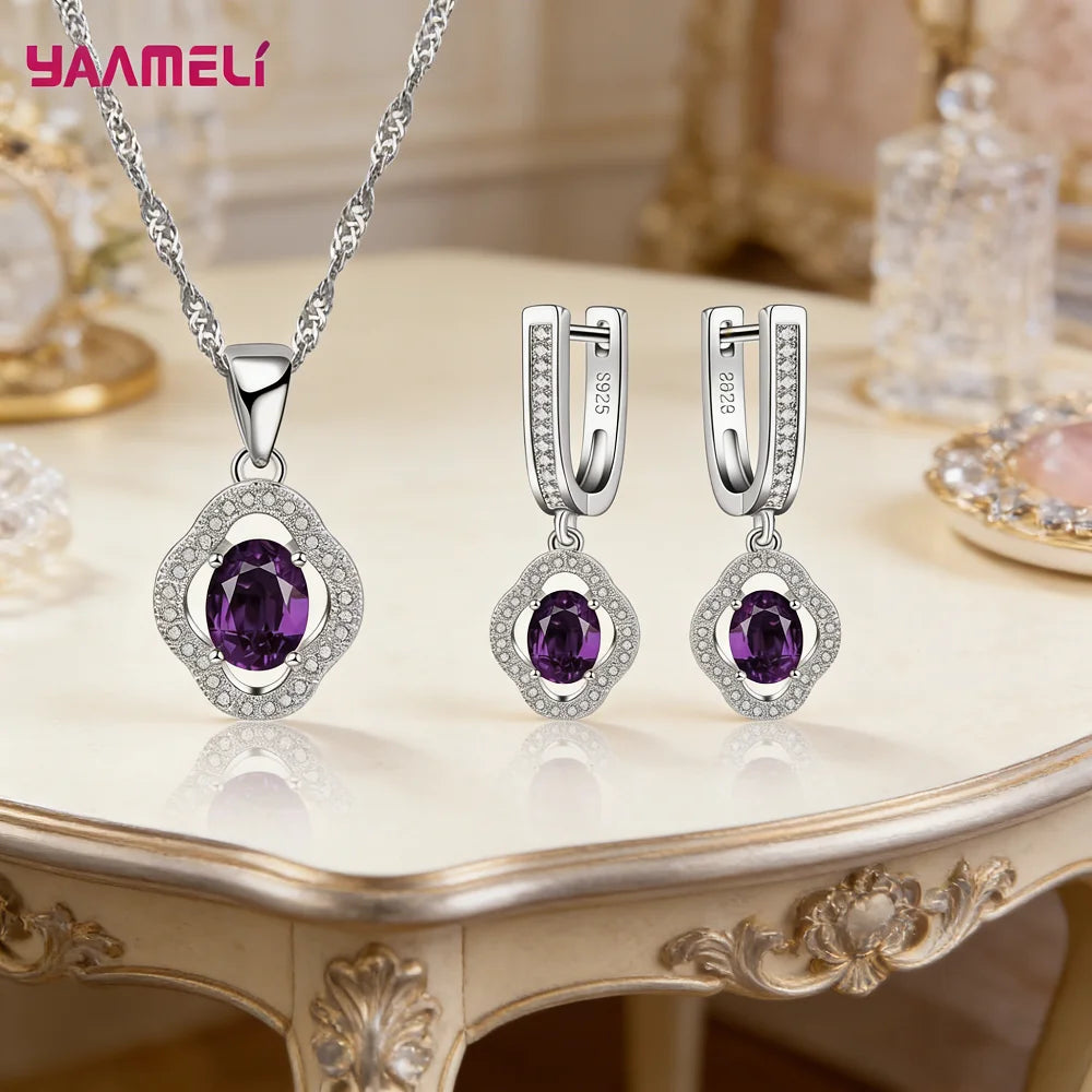 Real Sterling Silver 925 Luxury Jewelry Sets Shining Clear Cubic Zircon Flower Pendant Necklace Earrings Chain Party Accessories