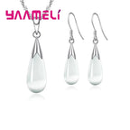 Pure Jewelry Set Simple 925 Sterling Silver Color White Pink Water Drop Opal Cat Eye Stone Pendant Necklace/Hook Earrings/Chain