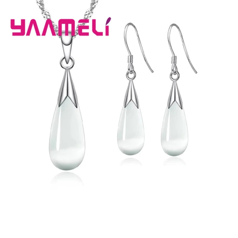 Pure Jewelry Set Simple 925 Sterling Silver Color White Pink Water Drop Opal Cat Eye Stone Pendant Necklace/Hook Earrings/Chain