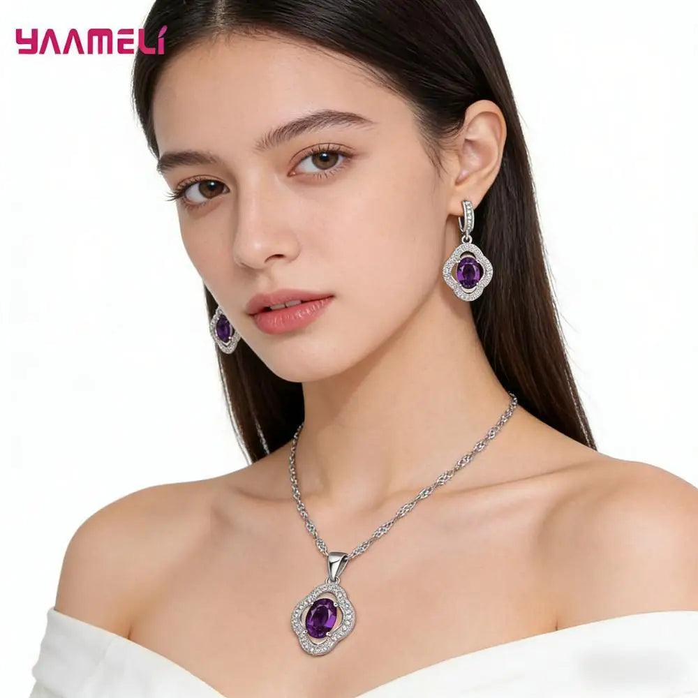 Real Sterling Silver 925 Luxury Jewelry Sets Shining Clear Cubic Zircon Flower Pendant Necklace Earrings Chain Party Accessories