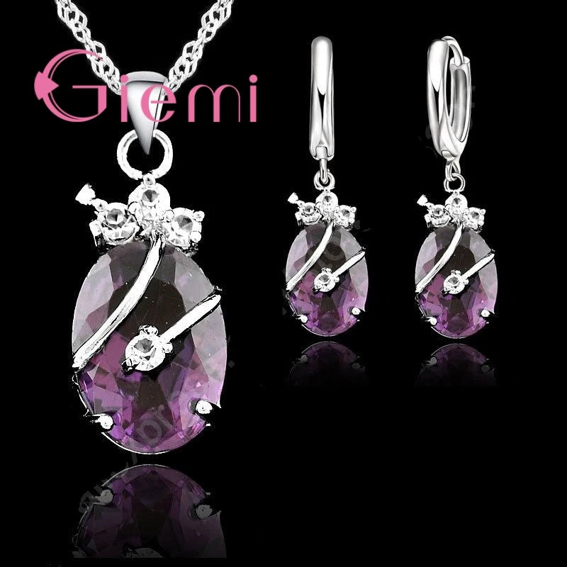 New Arrival S925 Stamped Silver Color Jewelry Sets Charming Oval Crystal Stone Flower Pendant Necklace Loop Earrings