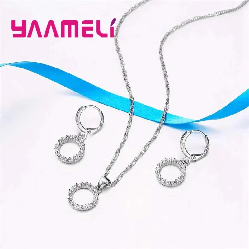 925 Sterling Silver Stamped Bridal Jewelry Sets Beads Cubic Zirconia Necklaces Hoop Earrings Women Girls Engagement Anniversary