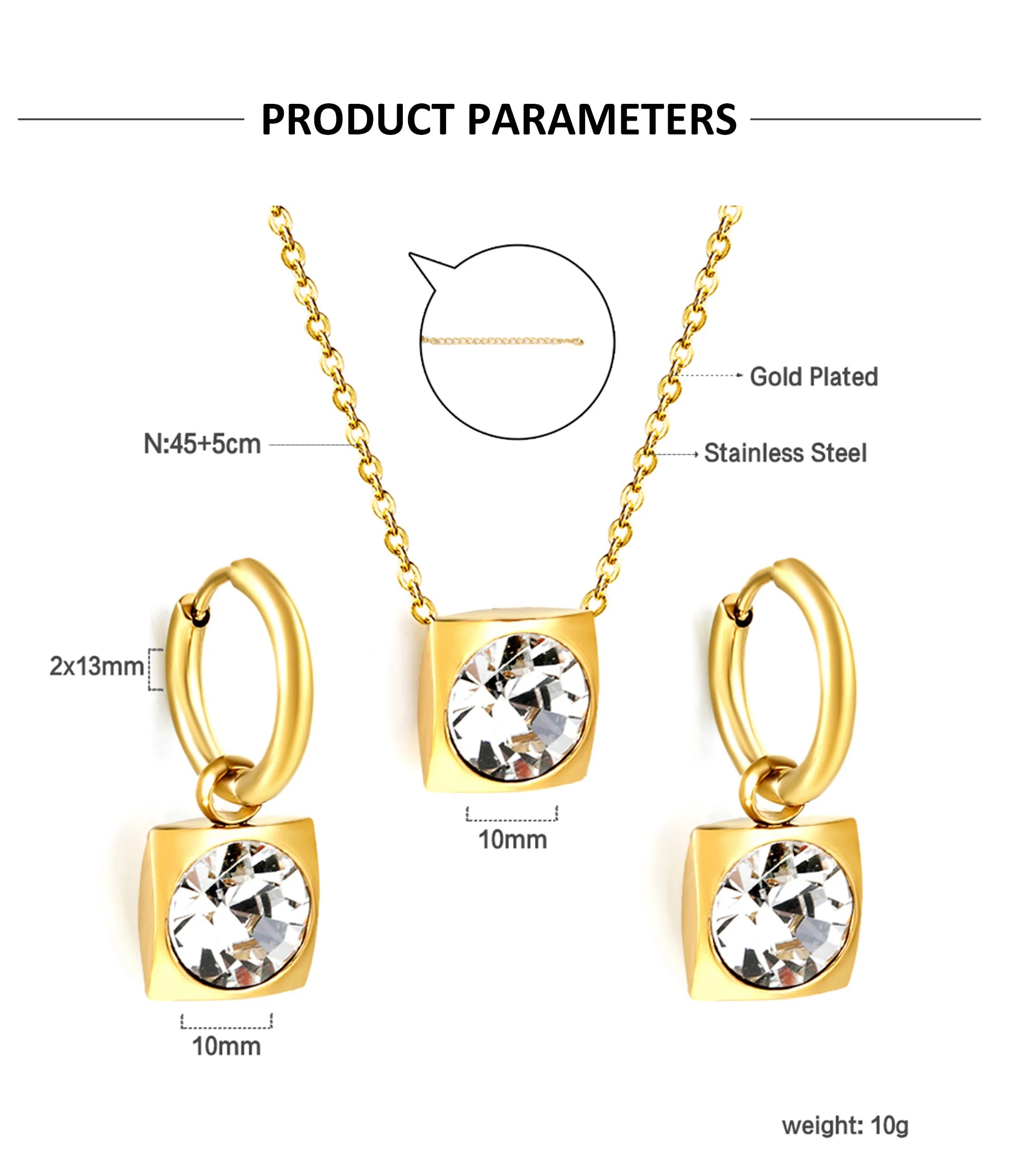 Conjunto Pingentes Colar e Brinco Zircônia Cúbica Aço Inoxidável