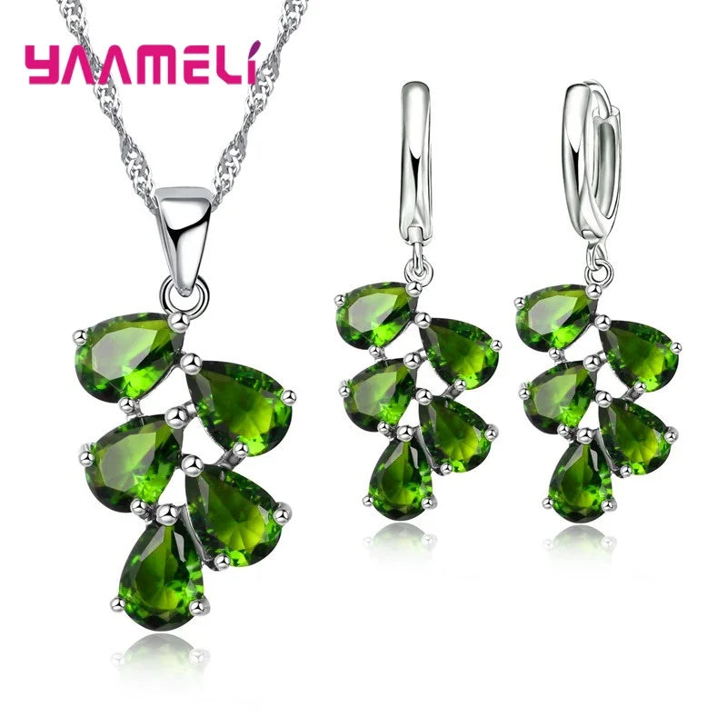 Anniversary Gift For Women Trendy 925 Sterling Silver Color Jewelry Sets Cubic Zirconia Pendants Necklaces Charm Hoop Earrings
