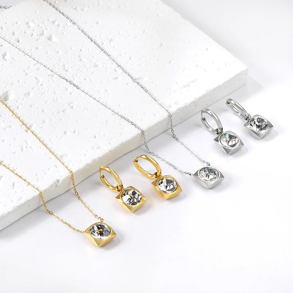 Conjunto Pingentes Colar e Brinco Zircônia Cúbica Aço Inoxidável